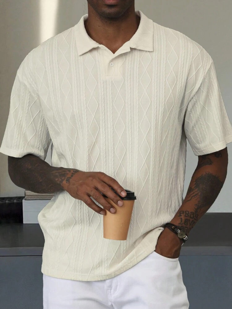 boxy relaxed polo in heavyweight cream cable texture