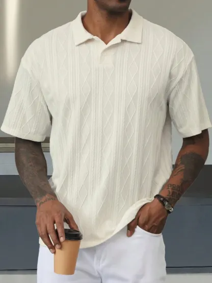 boxy relaxed polo in heavyweight cream cable texture