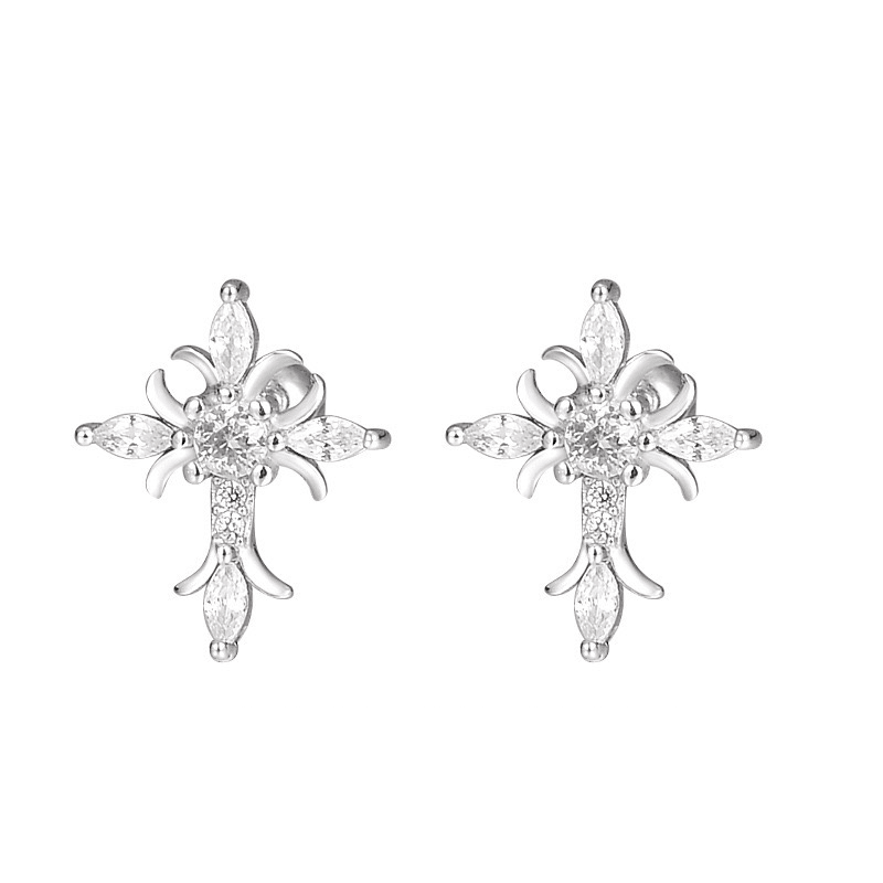 Sterling Silver Floral Cross Bullet Back Earring, Iced out Cubic Zirconia Stud Earring for Women Men, Ideal Gift