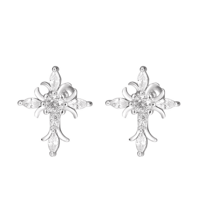 Sterling Silver Floral Cross Bullet Back Earring, Iced out Cubic Zirconia Stud Earring for Women Men, Ideal Gift
