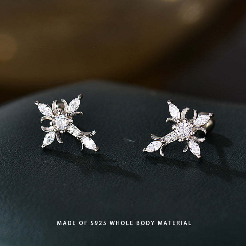 Sterling Silver Floral Cross Bullet Back Earring, Iced out Cubic Zirconia Stud Earring for Women Men, Ideal Gift