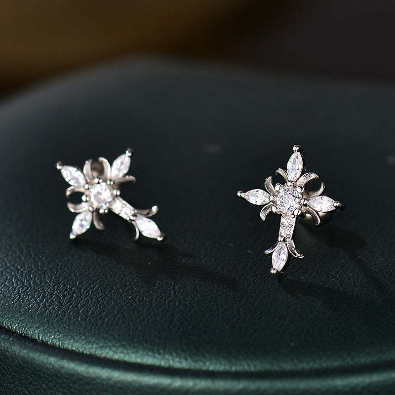 Sterling Silver Floral Cross Bullet Back Earring, Iced out Cubic Zirconia Stud Earring for Women Men, Ideal Gift