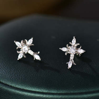 Sterling Silver Floral Cross Bullet Back Earring, Iced out Cubic Zirconia Stud Earring for Women Men, Ideal Gift