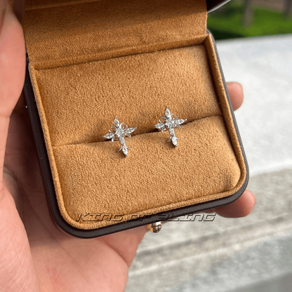 Sterling Silver Floral Cross Bullet Back Earring, Iced out Cubic Zirconia Stud Earring for Women Men, Ideal Gift
