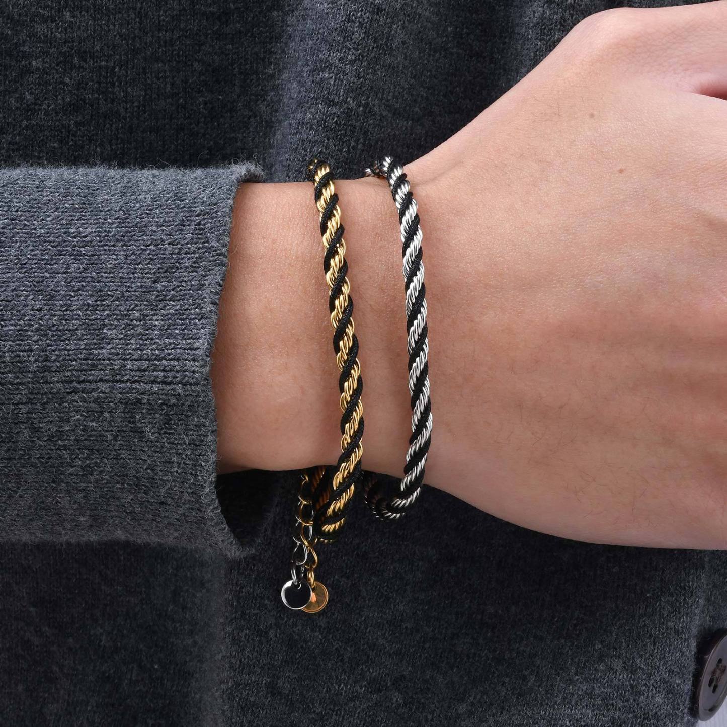 Vacuum electroplated titanium steel braided chain bracelet with twisted design