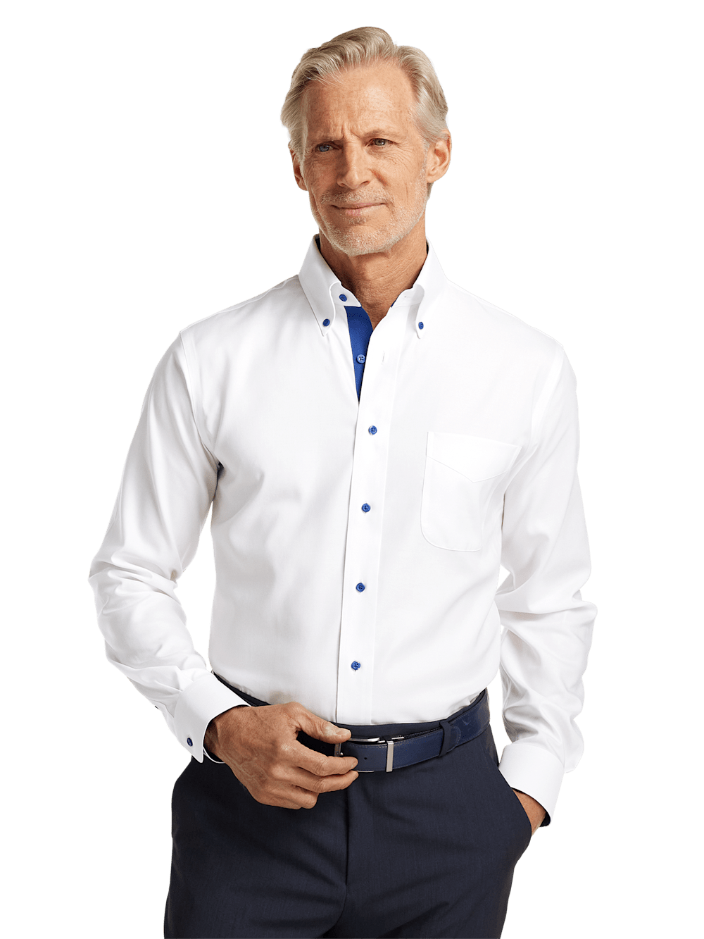 Comfort Stretch Non-Iron Solid Dress Shirt With Contrast Trim - White/cobalt-unboundedy