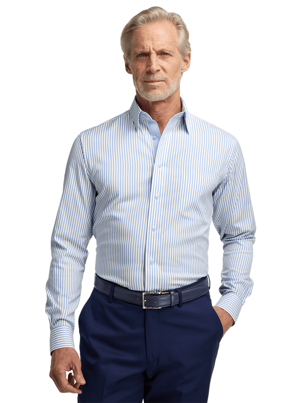 Comfort Stretch Non-Iron Stripe Dress Shirt With Contrast Trim - White/blue-unboundedy