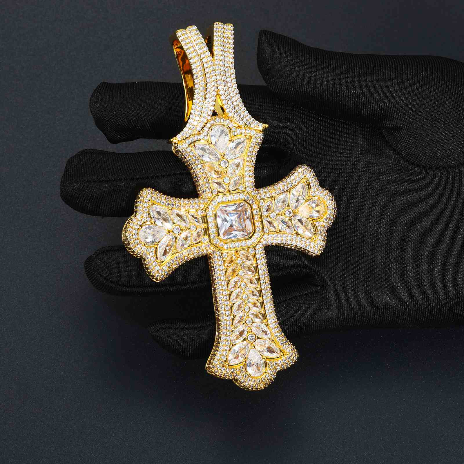 Luxurious Pear Cut CZ Iris Cross Pendant