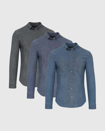 Long Sleeve Stretch Chambray Shirt 3-Pack-VibeCloset