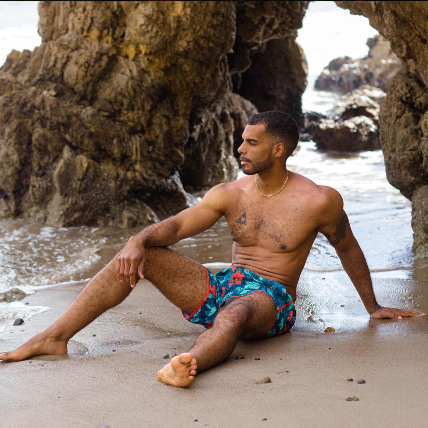 4.5 Inch Inseam Vintage Dark Green Flower Swim Trunks-VibeCloset