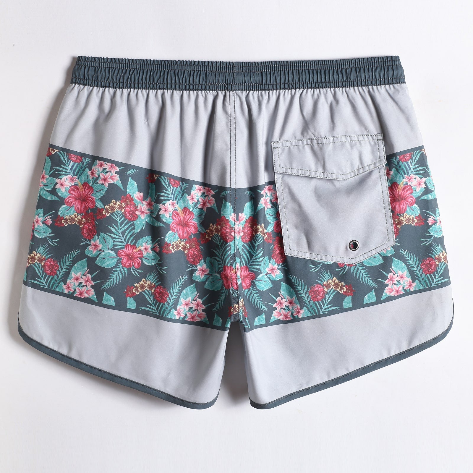 4.5 Inch Inseam Vintage Grey Montage Hibiscus Swim Trunks-VibeCloset