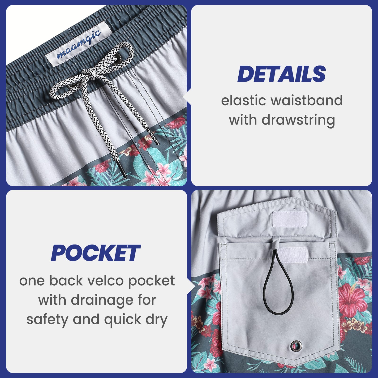 4.5 Inch Inseam Vintage Grey Montage Hibiscus Swim Trunks-VibeCloset