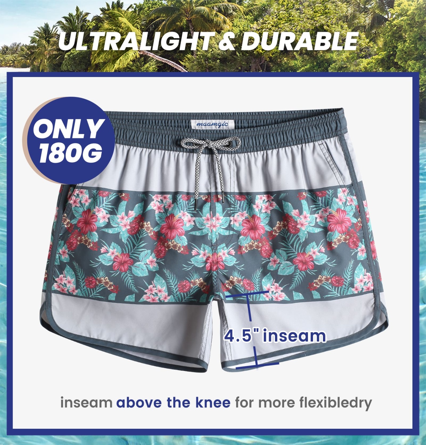 4.5 Inch Inseam Vintage Grey Montage Hibiscus Swim Trunks-VibeCloset