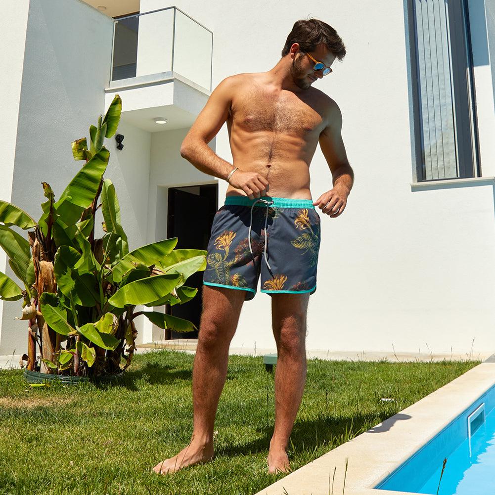4.5 Inch Inseam Vintage Leaf Swim Trunks-VibeCloset