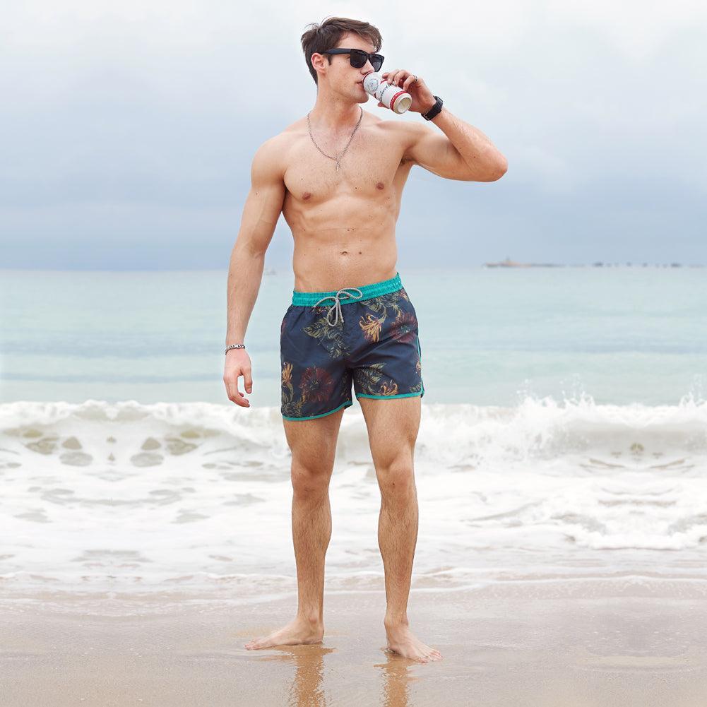 4.5 Inch Inseam Vintage Leaf Swim Trunks-VibeCloset