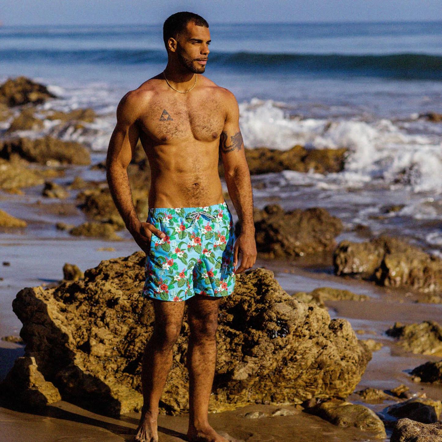 5.5 Inch Inseam Blue Bouquet Swim Trunks-VibeCloset