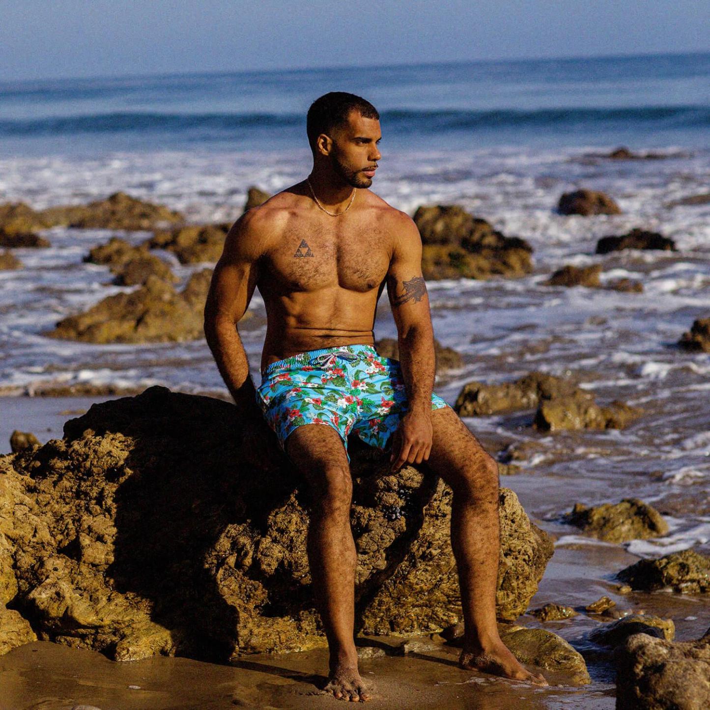 5.5 Inch Inseam Blue Bouquet Swim Trunks-VibeCloset