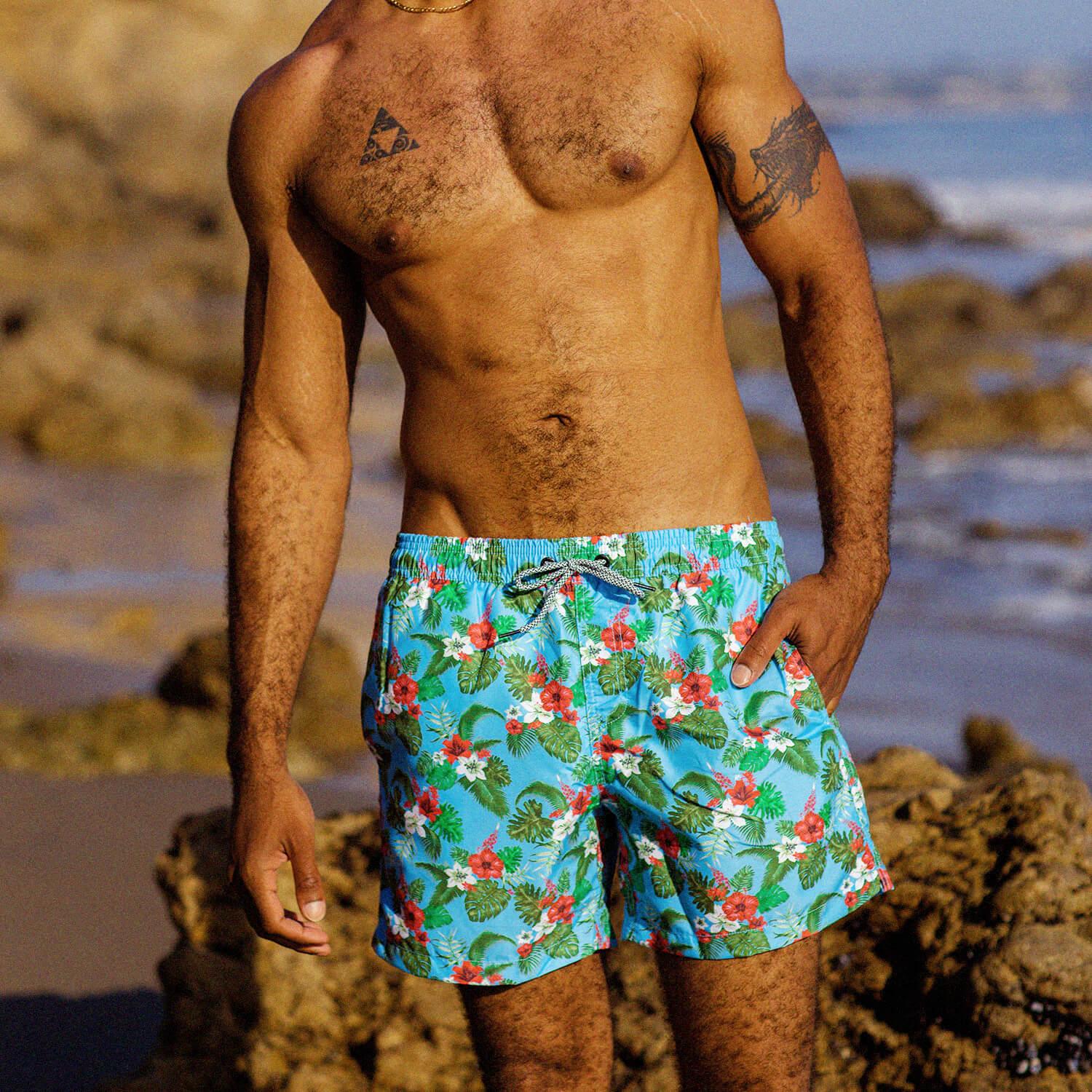 5.5 Inch Inseam Blue Bouquet Swim Trunks-VibeCloset