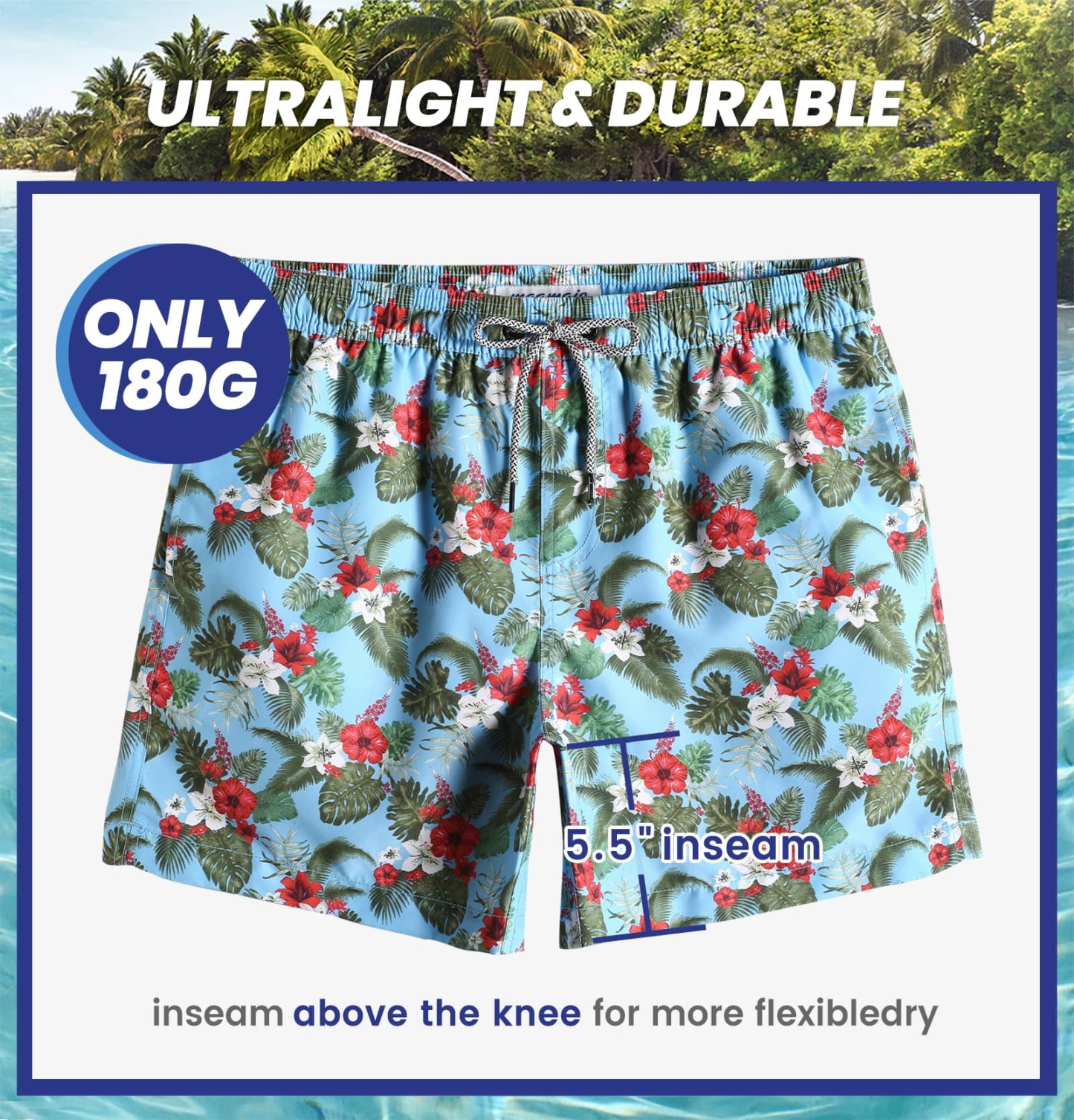 5.5 Inch Inseam Blue Bouquet Swim Trunks-VibeCloset
