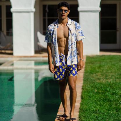 5.5 Inch Inseam Stretch Blue Star Swim Trunks-VibeCloset