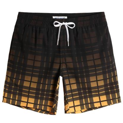 7 Inch Inseam Stretch Plaid Yellow Swim Trunks-VibeCloset