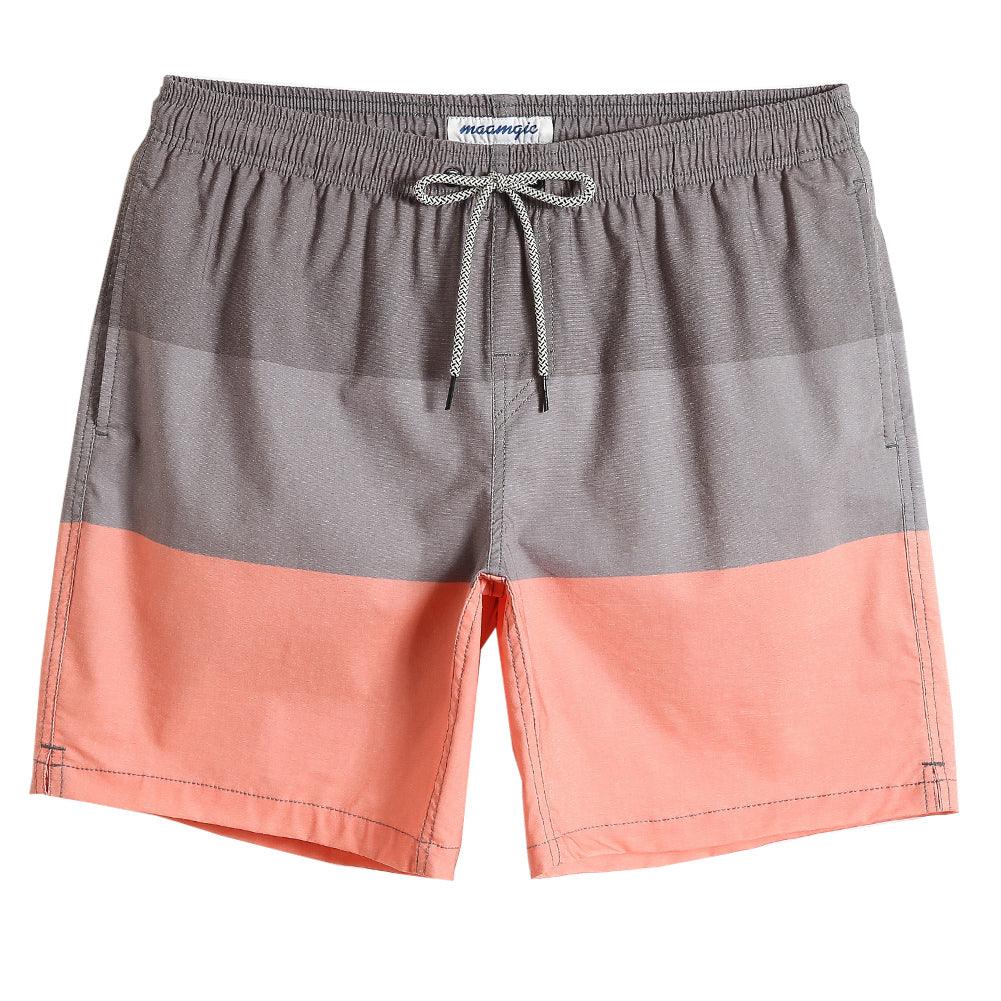 7 Inch Stretch Grey and Pink Striped Swim Trunks-VibeCloset