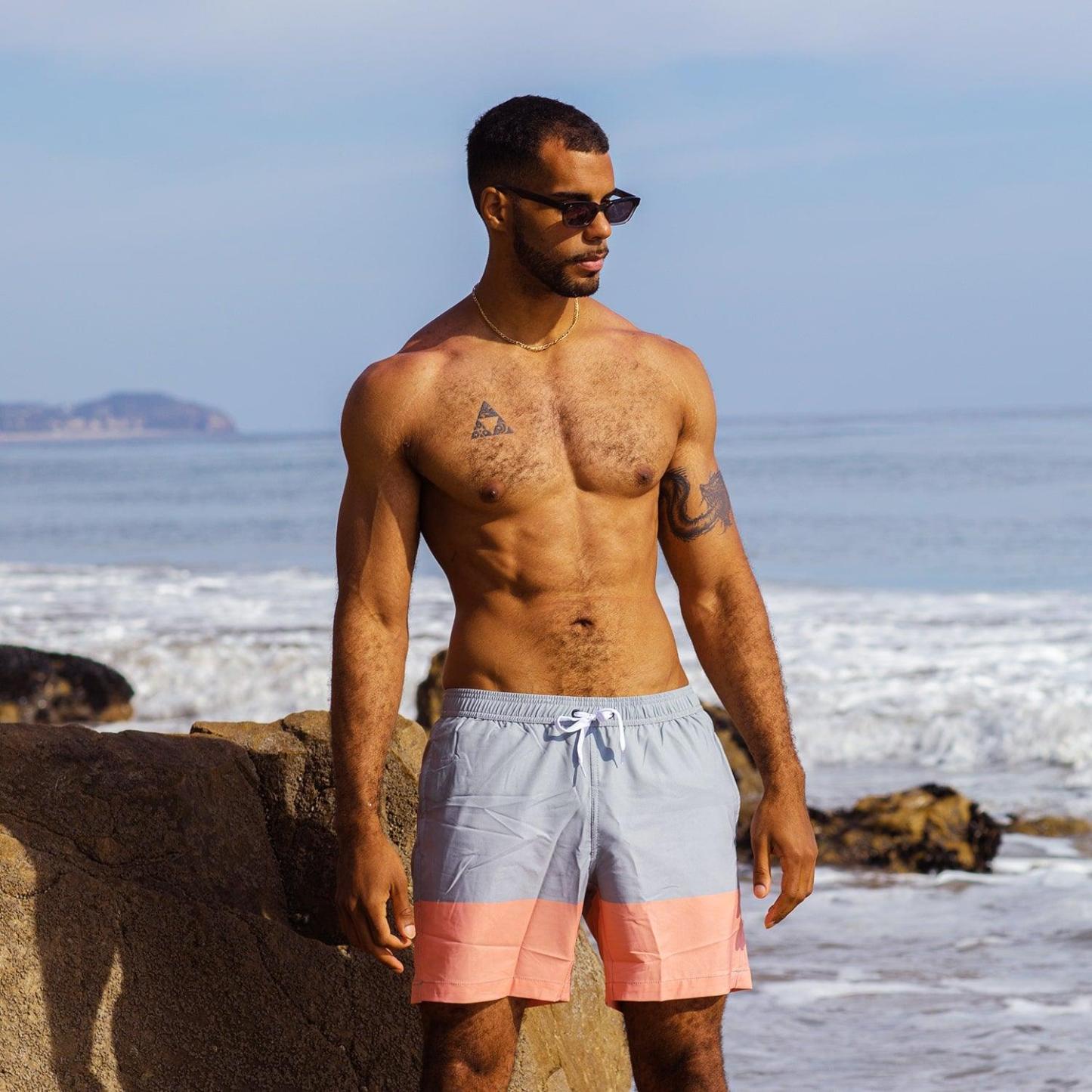 7 Inch Stretch Grey and Pink Striped Swim Trunks-VibeCloset
