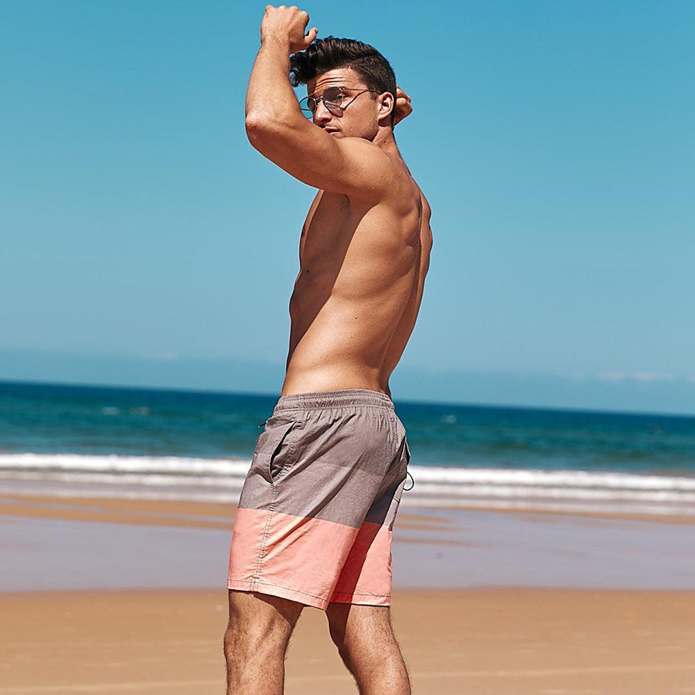 7 Inch Stretch Grey and Pink Striped Swim Trunks-VibeCloset