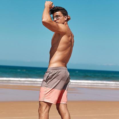 7 Inch Stretch Grey and Pink Striped Swim Trunks-VibeCloset
