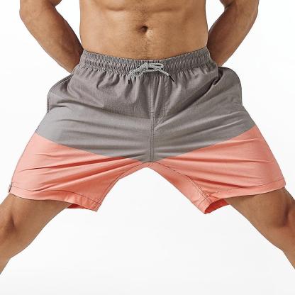 7 Inch Stretch Grey and Pink Striped Swim Trunks-VibeCloset