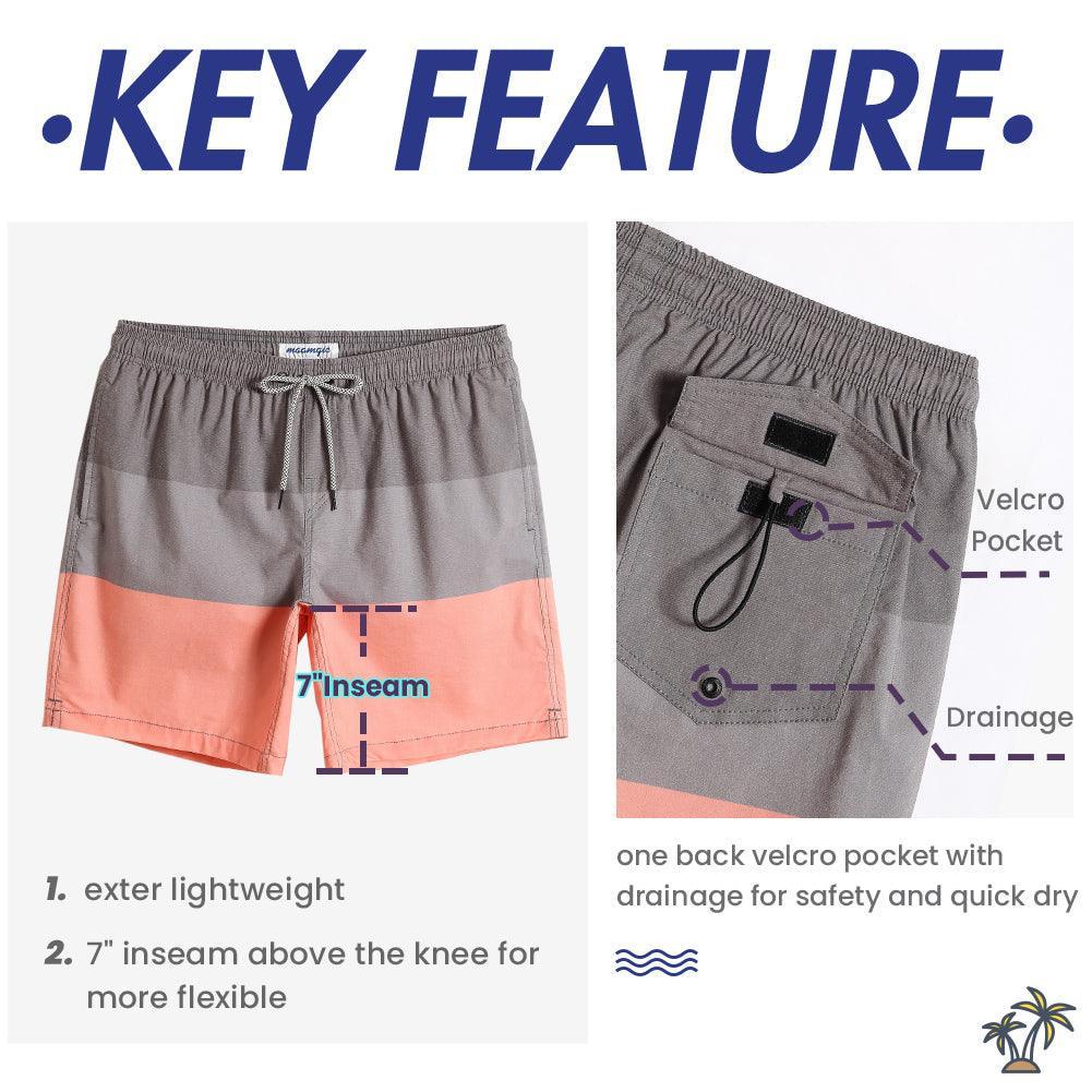 7 Inch Stretch Grey and Pink Striped Swim Trunks-VibeCloset