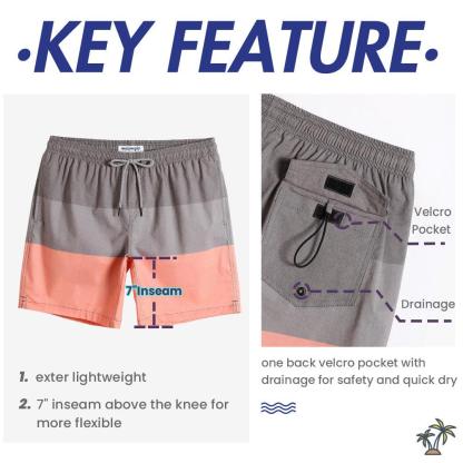 7 Inch Stretch Grey and Pink Striped Swim Trunks-VibeCloset