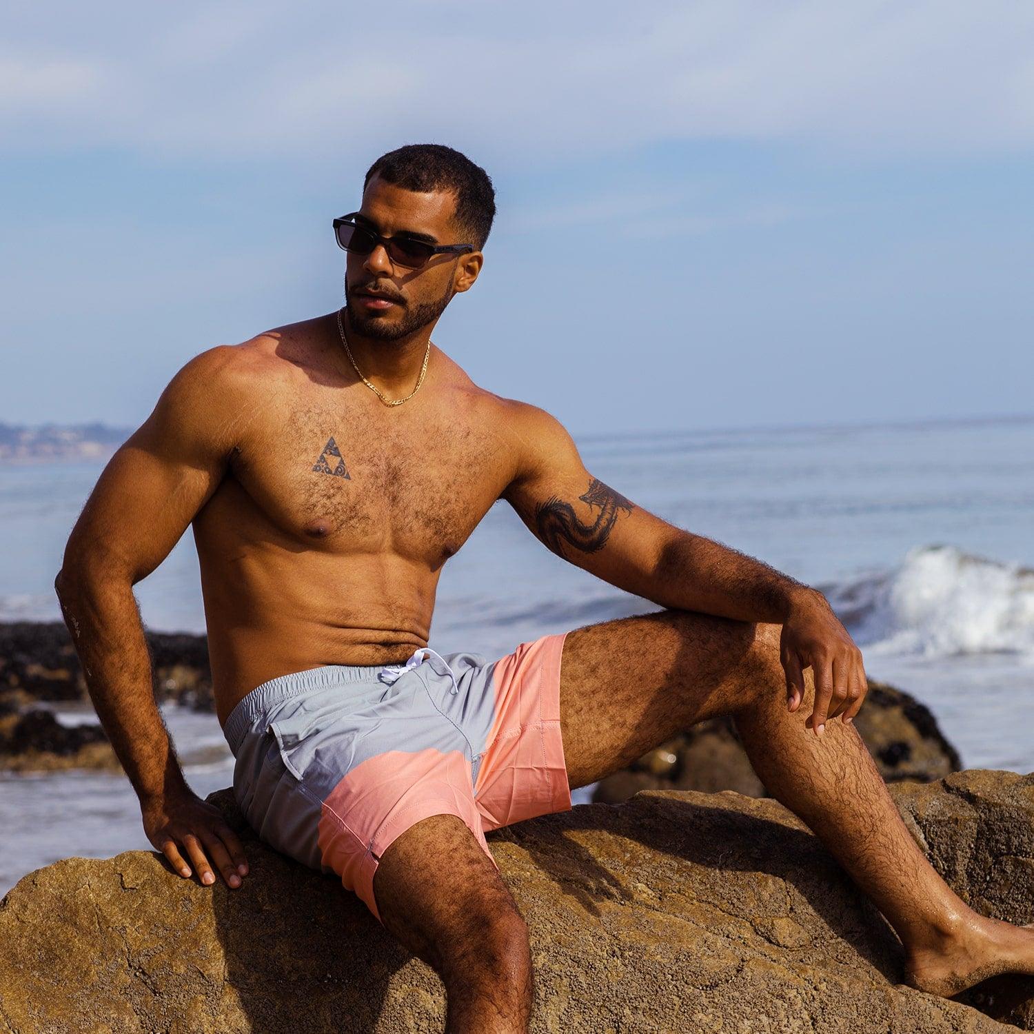 7 Inch Stretch Grey and Pink Striped Swim Trunks-VibeCloset