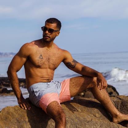 7 Inch Stretch Grey and Pink Striped Swim Trunks-VibeCloset