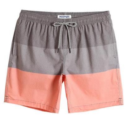 7 Inch Stretch Grey and Pink Striped Swim Trunks-VibeCloset