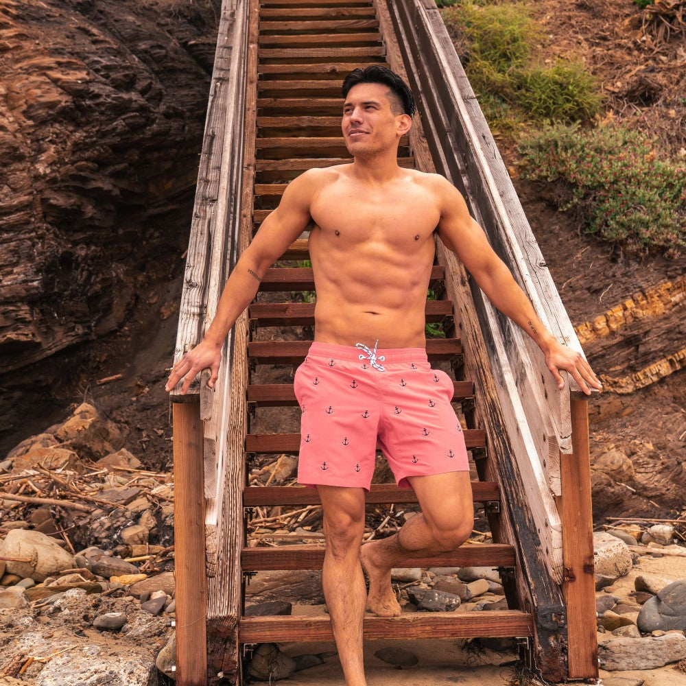 7 Inch Inseam Pink Anchor Swim Trunks-VibeCloset