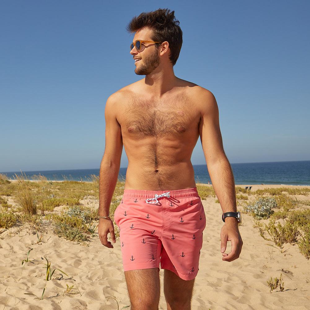 7 Inch Inseam Pink Anchor Swim Trunks-VibeCloset