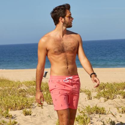 7 Inch Inseam Pink Anchor Swim Trunks-VibeCloset