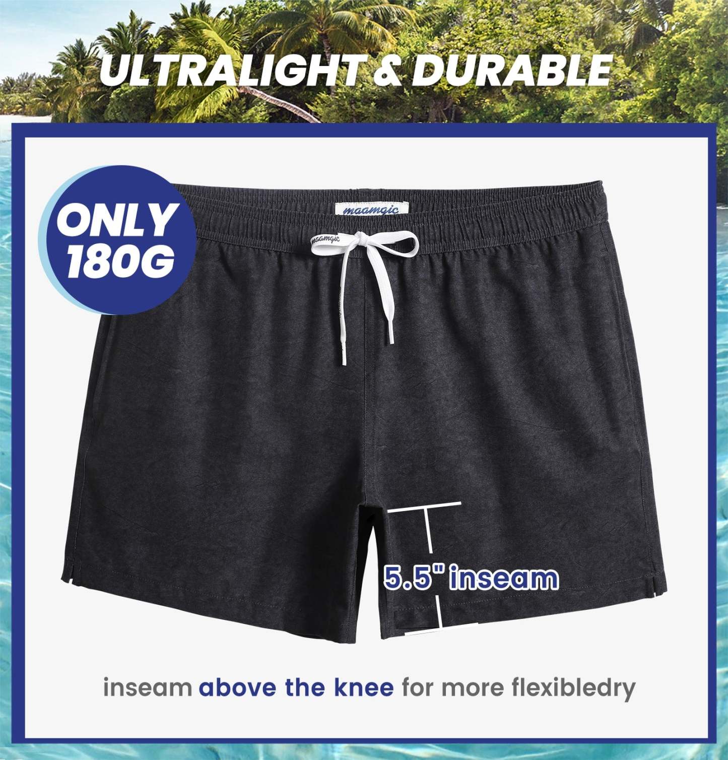 5.5 Inch Inseam Stretch Solid Black Swim Trunks-VibeCloset