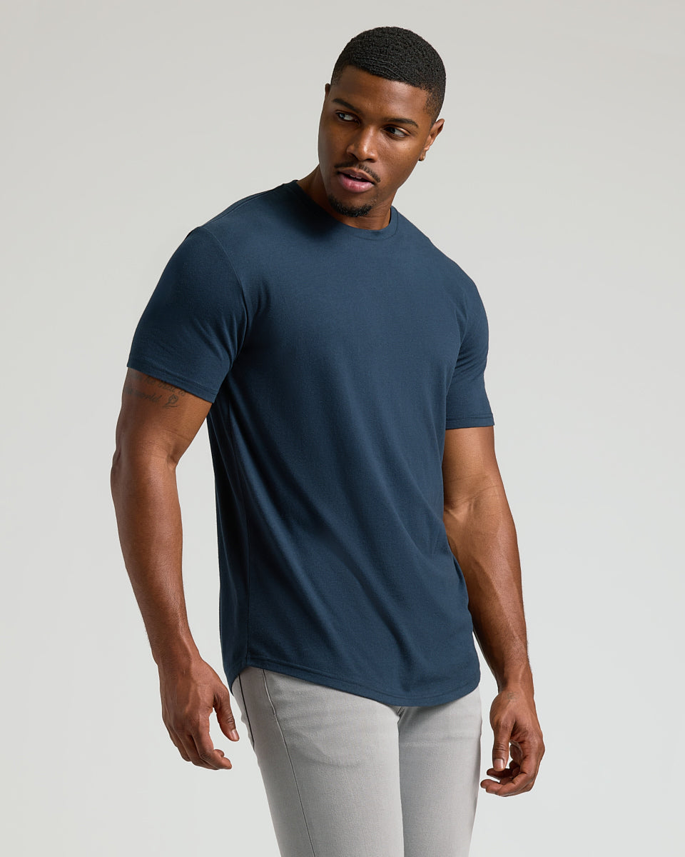 Navy Short Sleeve Tall Curved Hem Crew-VibeCloset