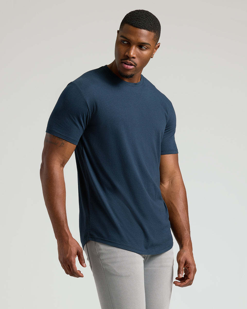 Navy Short Sleeve Tall Curved Hem Crew-VibeCloset