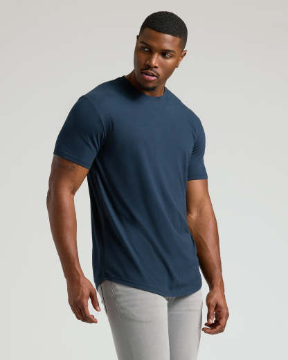 Navy Short Sleeve Tall Curved Hem Crew-VibeCloset