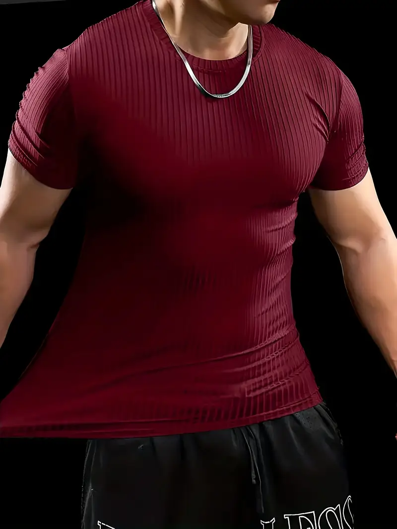 Men'S Summer Striped T-Shirt - Casual & Sporty, Slim Fit, High-Elasticity Ribbed Crew Neck Tee, Lightweight for Gym & Casual Attire