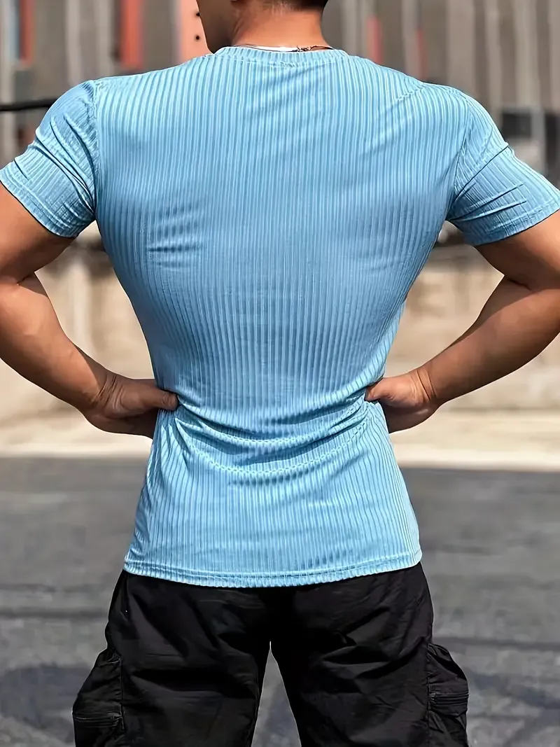 Men'S Summer Striped T-Shirt - Casual & Sporty, Slim Fit, High-Elasticity Ribbed Crew Neck Tee, Lightweight for Gym & Casual Attire