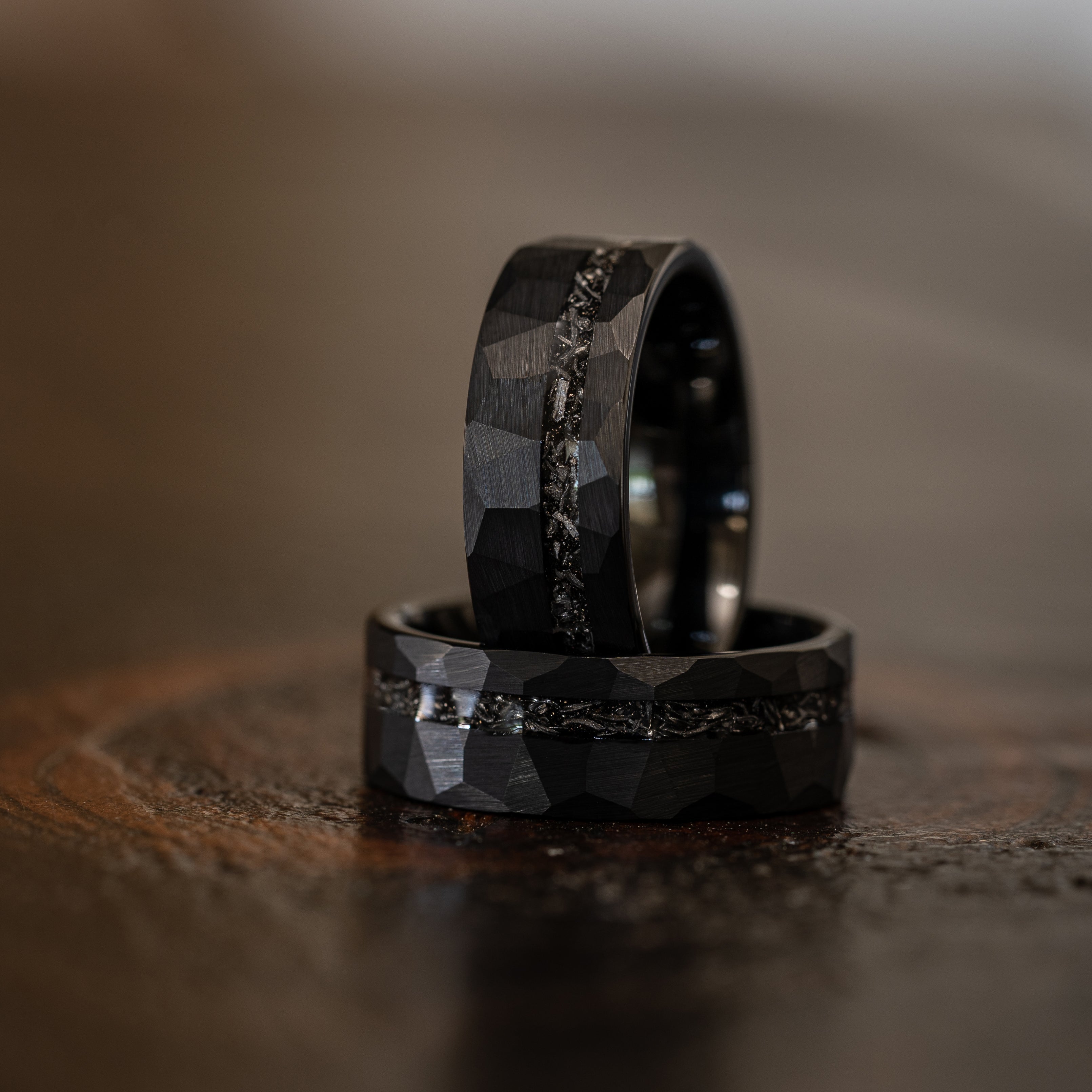 "Zeus" Hammered Tungsten Carbide Ring- Black w/ Meteorite- 8mm