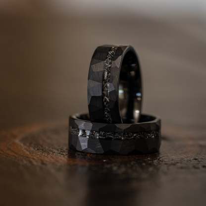 "Zeus" Hammered Tungsten Carbide Ring- Black w/ Meteorite- 8mm
