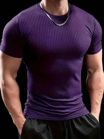 Men'S Summer Striped T-Shirt - Casual & Sporty, Slim Fit, High-Elasticity Ribbed Crew Neck Tee, Lightweight for Gym & Casual Attire