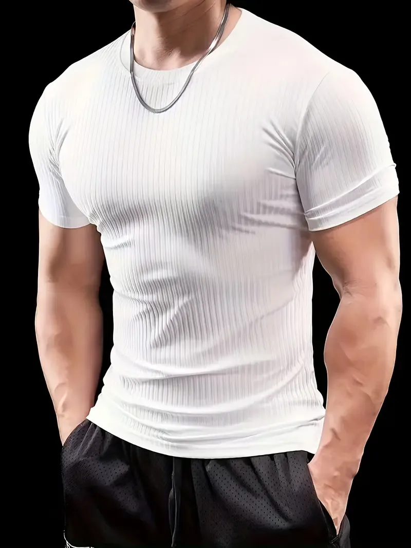 Men'S Summer Striped T-Shirt - Casual & Sporty, Slim Fit, High-Elasticity Ribbed Crew Neck Tee, Lightweight for Gym & Casual Attire