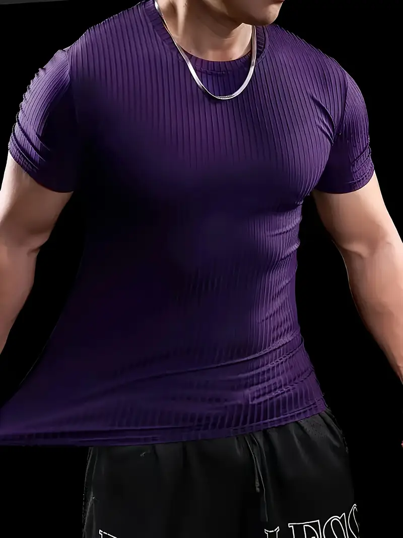 Men'S Summer Striped T-Shirt - Casual & Sporty, Slim Fit, High-Elasticity Ribbed Crew Neck Tee, Lightweight for Gym & Casual Attire