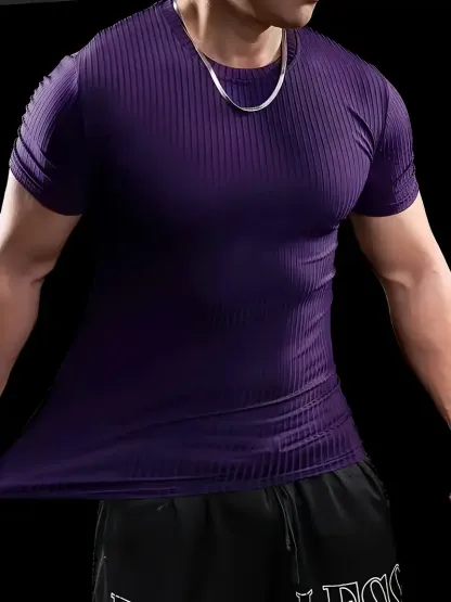 Men'S Summer Striped T-Shirt - Casual & Sporty, Slim Fit, High-Elasticity Ribbed Crew Neck Tee, Lightweight for Gym & Casual Attire